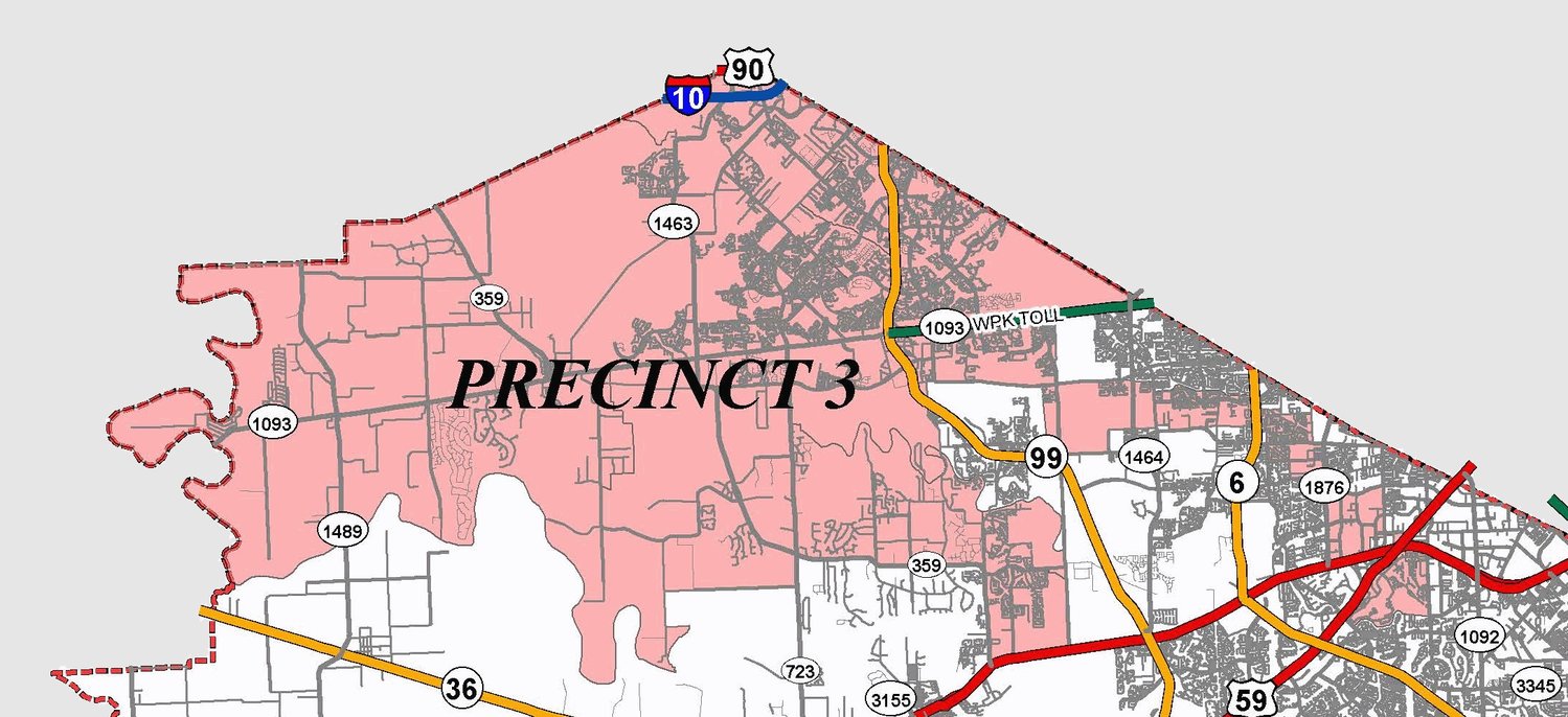Prior to redistricting, Fort Bend County’s third precinct included the shaded area in the map above which extends from the Simonton-Fulshear area north to the borders of Waller and Harris Counties and included the Cinco Ranch community. That region is now primarily in the new boundaries for Precinct 1.